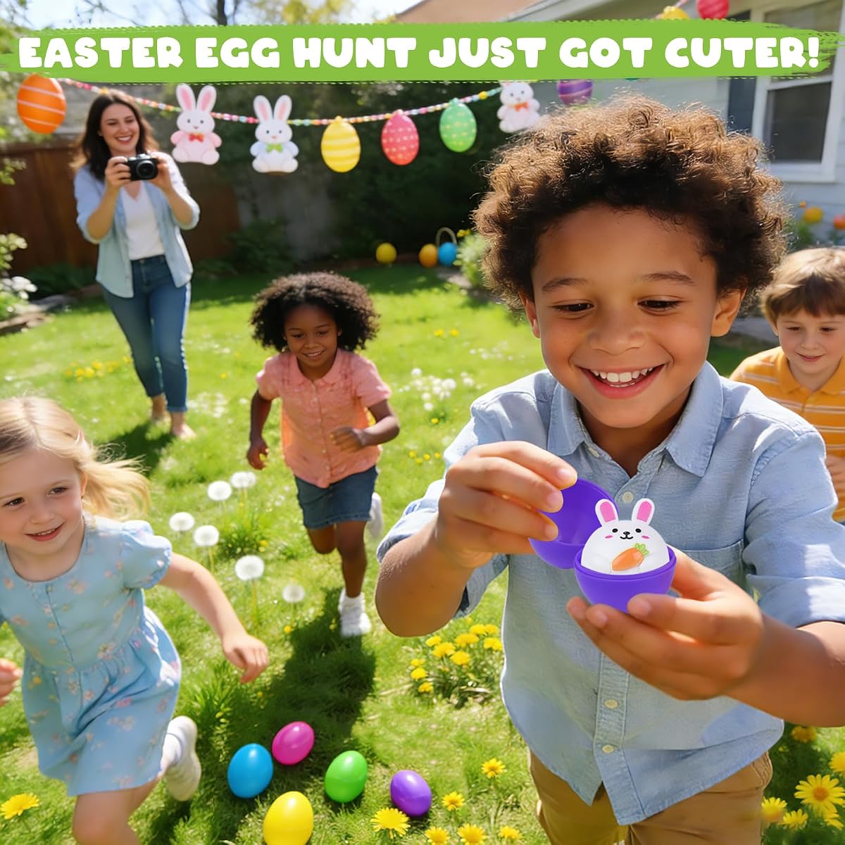 Sixteen prefilled plastic Easter eggs each containing an animal pull-back car — view 2