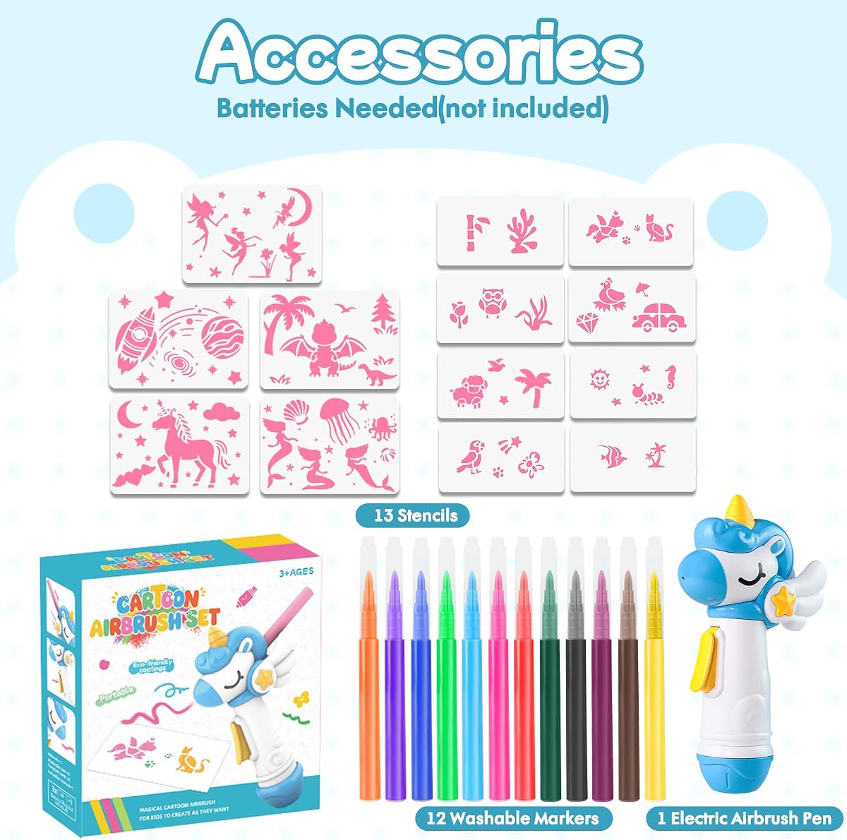 Plain marker airbrush spray kit with twelve washable markers and thirteen stencils — view 4