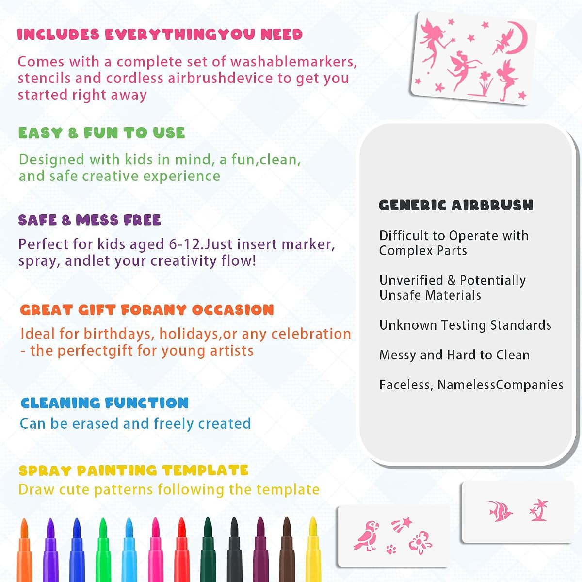 Plain marker airbrush spray kit with twelve washable markers and thirteen stencils — view 5