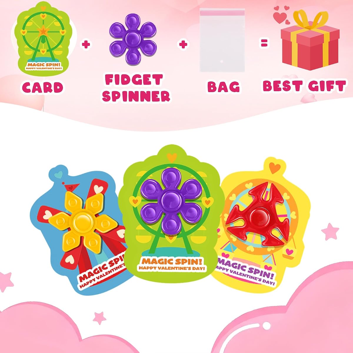 Twenty-eight mini fidget spinners with Ferris wheel gift cards and clear bags — view 4