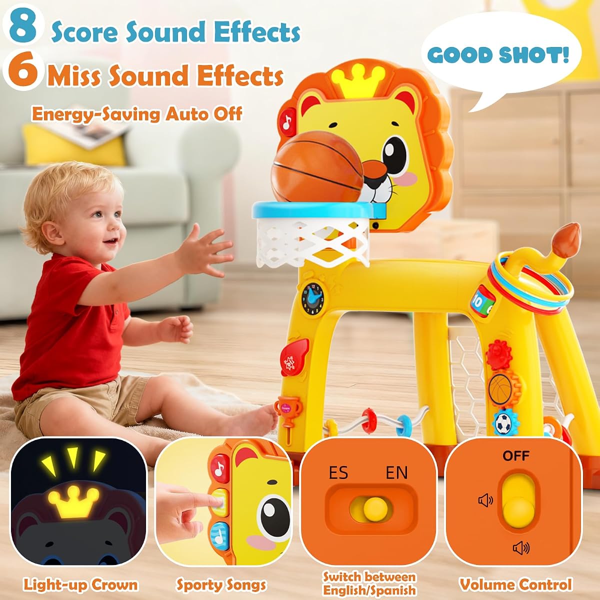 Lion-shaped toddler basketball hoop with soccer goal and ring toss pegs — view 3