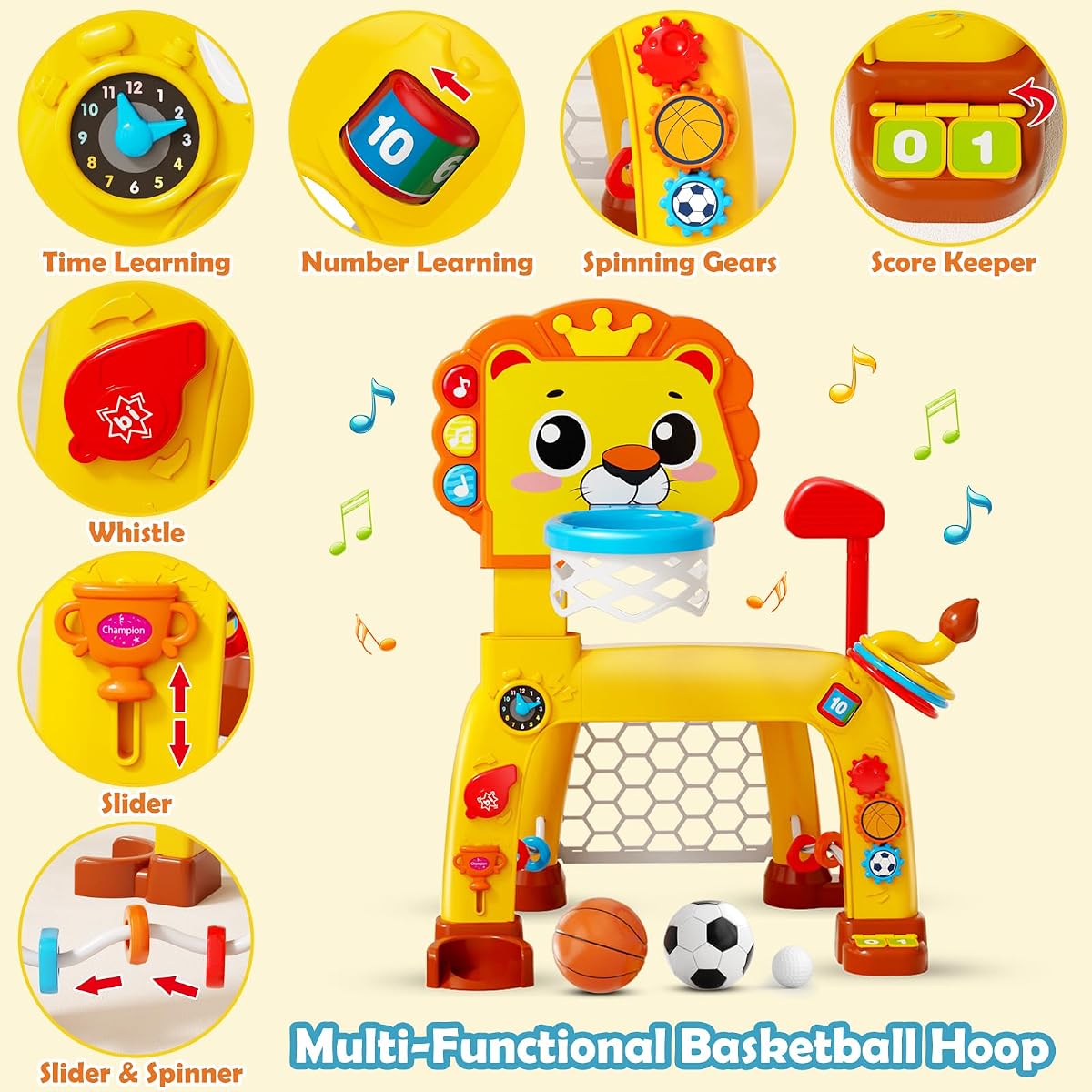 Lion-shaped toddler basketball hoop with soccer goal and ring toss pegs — view 5