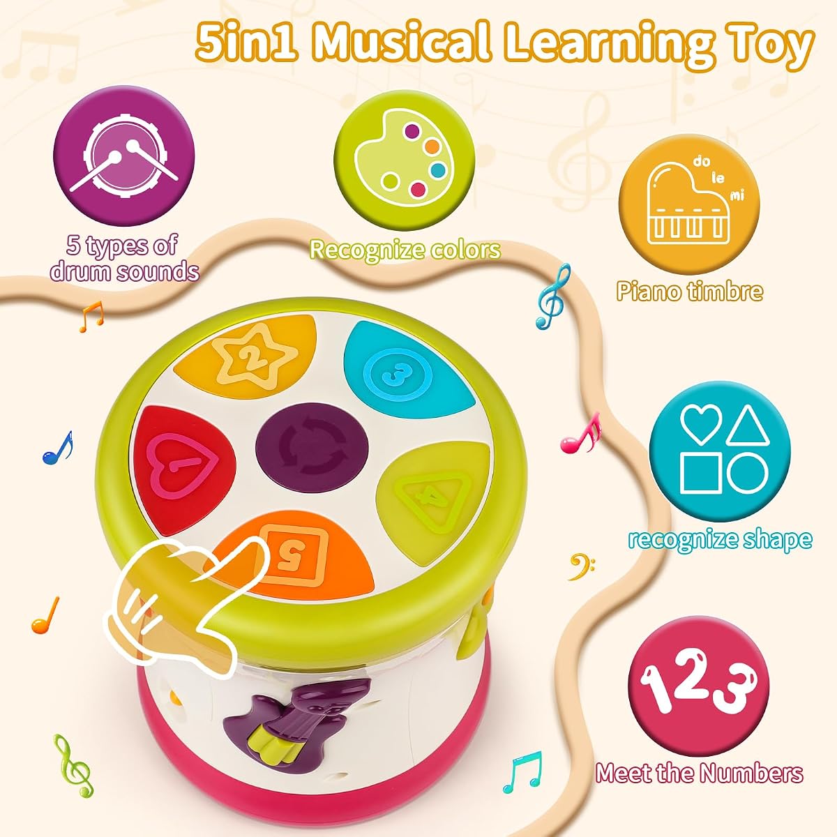 Five-in-one musical baby drum with light-up panel and learning buttons — view 2