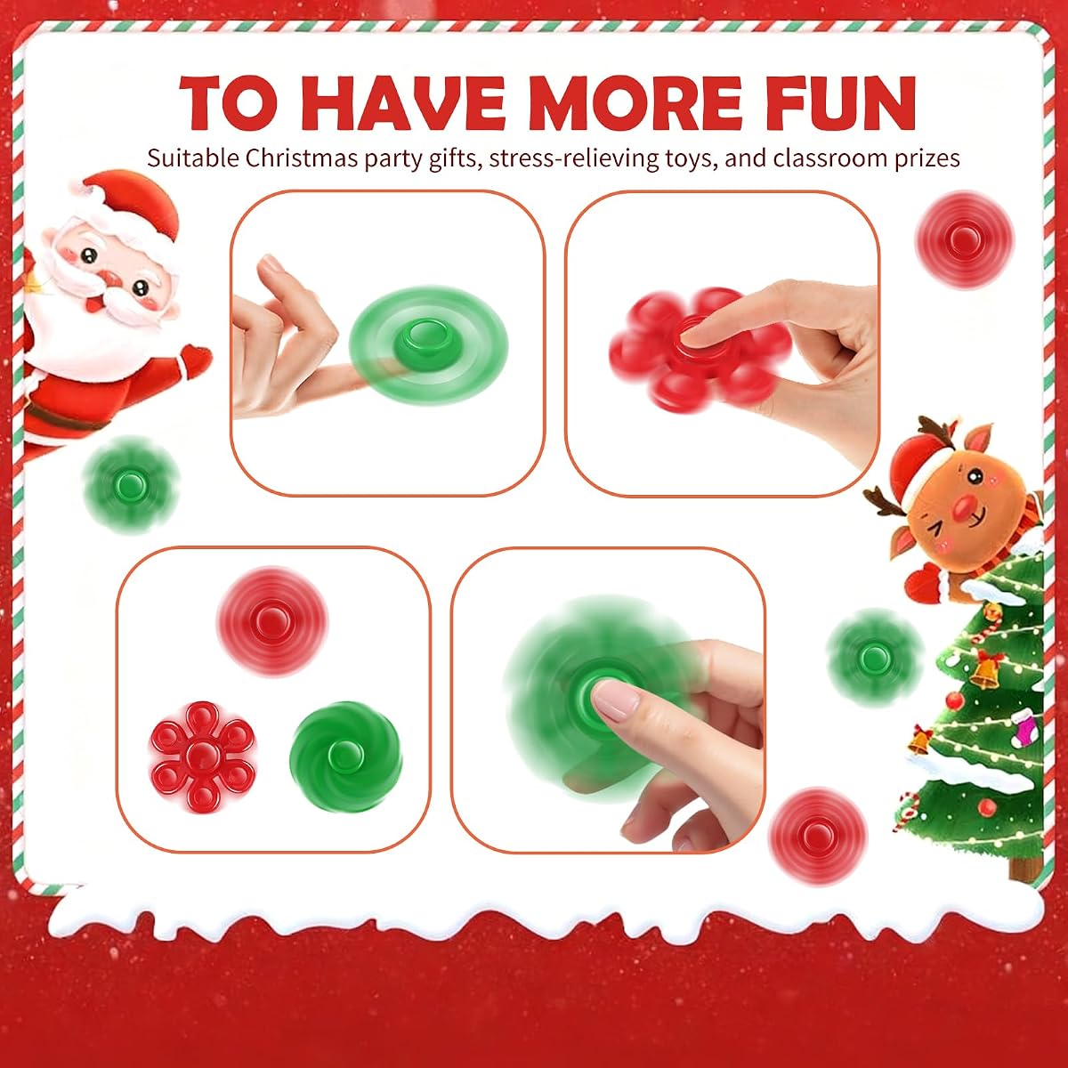Sixty red and green Christmas mini fidget spinners with snowflake shapes — view 2