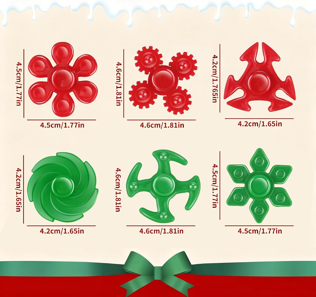 Sixty red and green Christmas mini fidget spinners with snowflake shapes — view 5