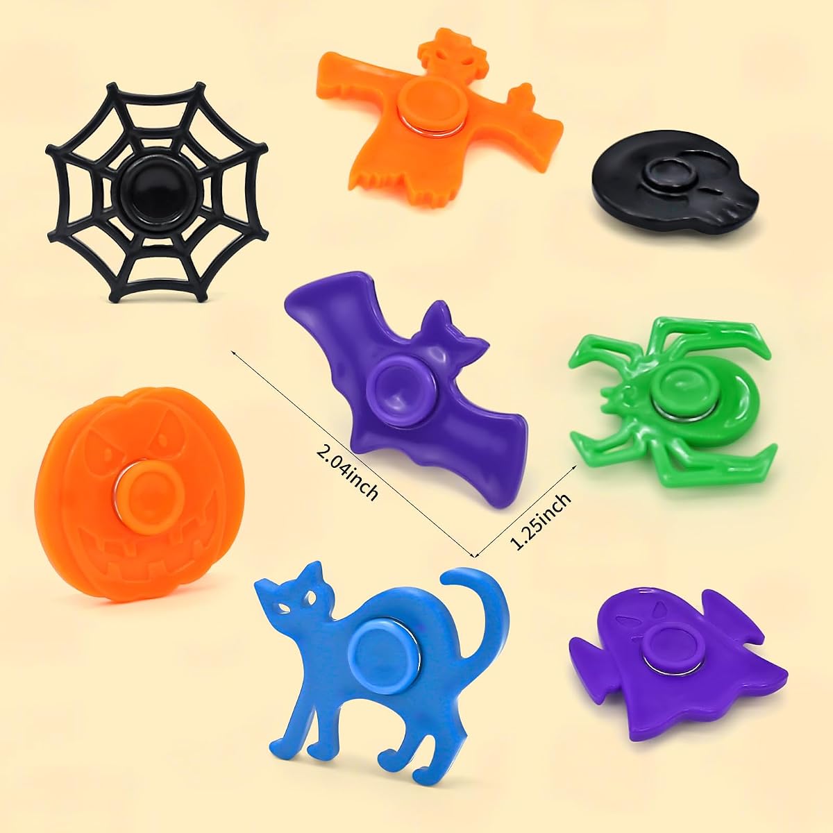 Sixty Halloween mini fidget spinners in black, green, orange, blue and purple — view 2