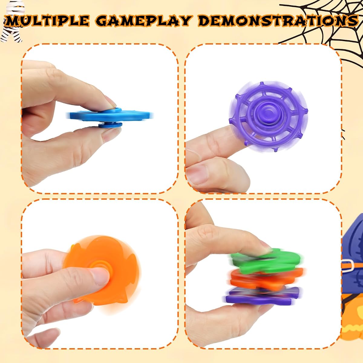 Sixty Halloween mini fidget spinners in black, green, orange, blue and purple — view 6