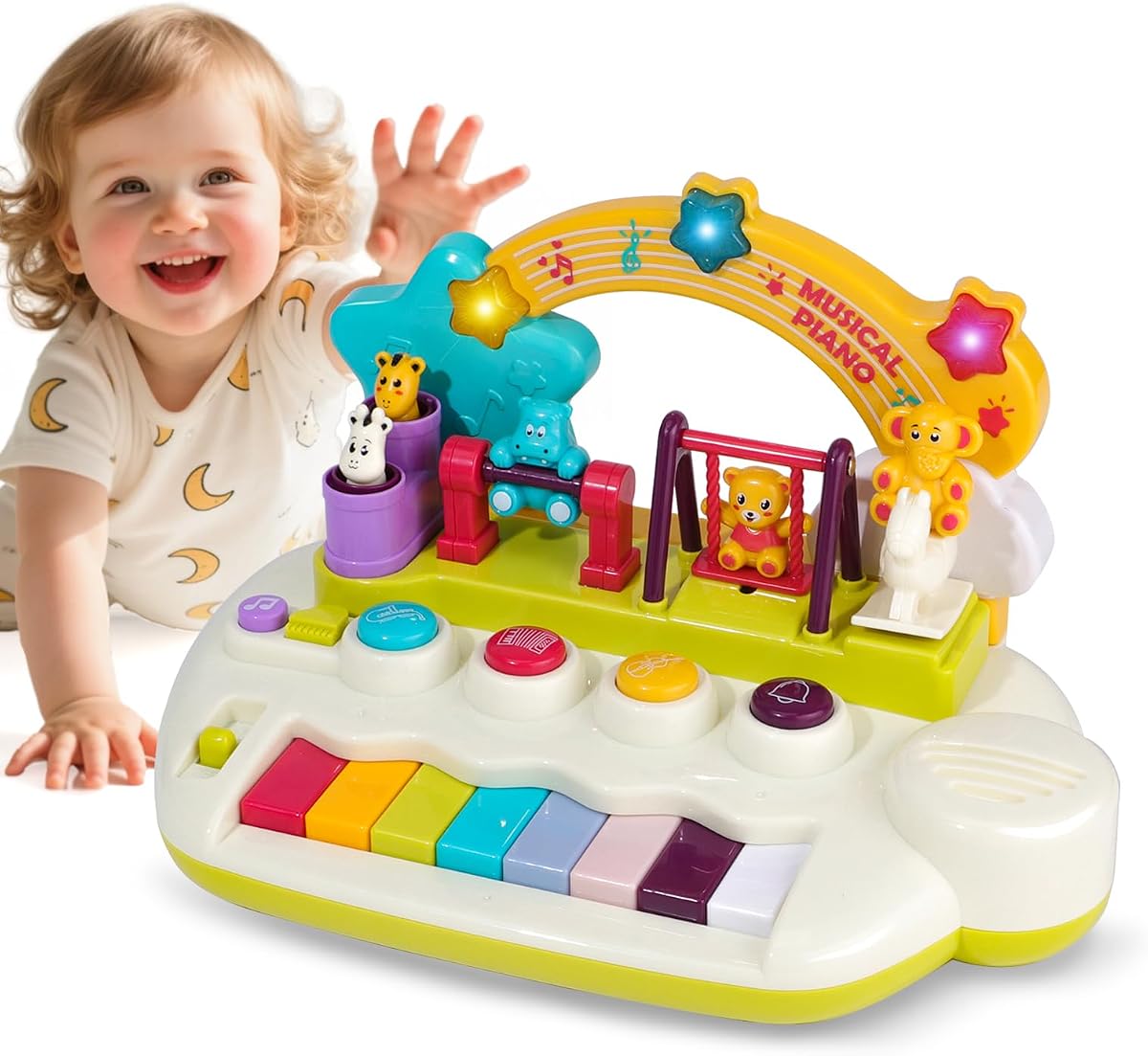 Animal-themed light-up baby piano keyboard with rotating figures and a carry handle