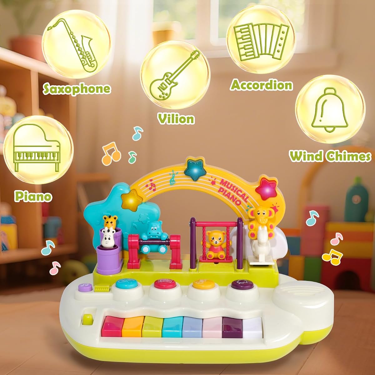 Animal-themed light-up baby piano keyboard with rotating figures and a carry handle — view 3