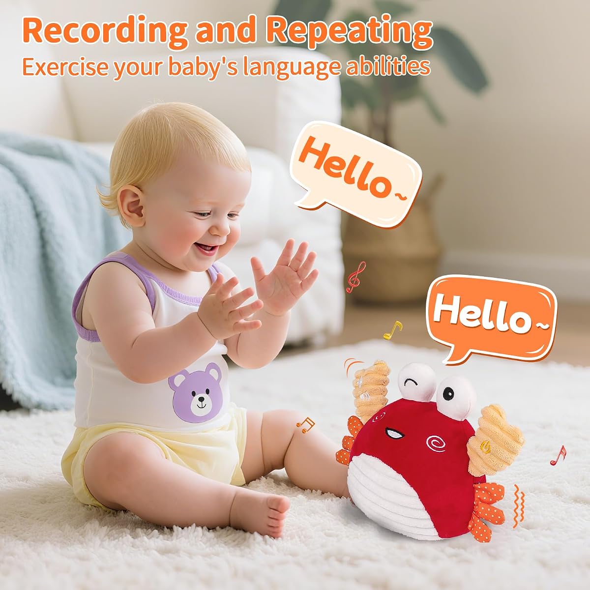 Plush crab baby toy that crawls and bounces, with a music button on its arm — view 4