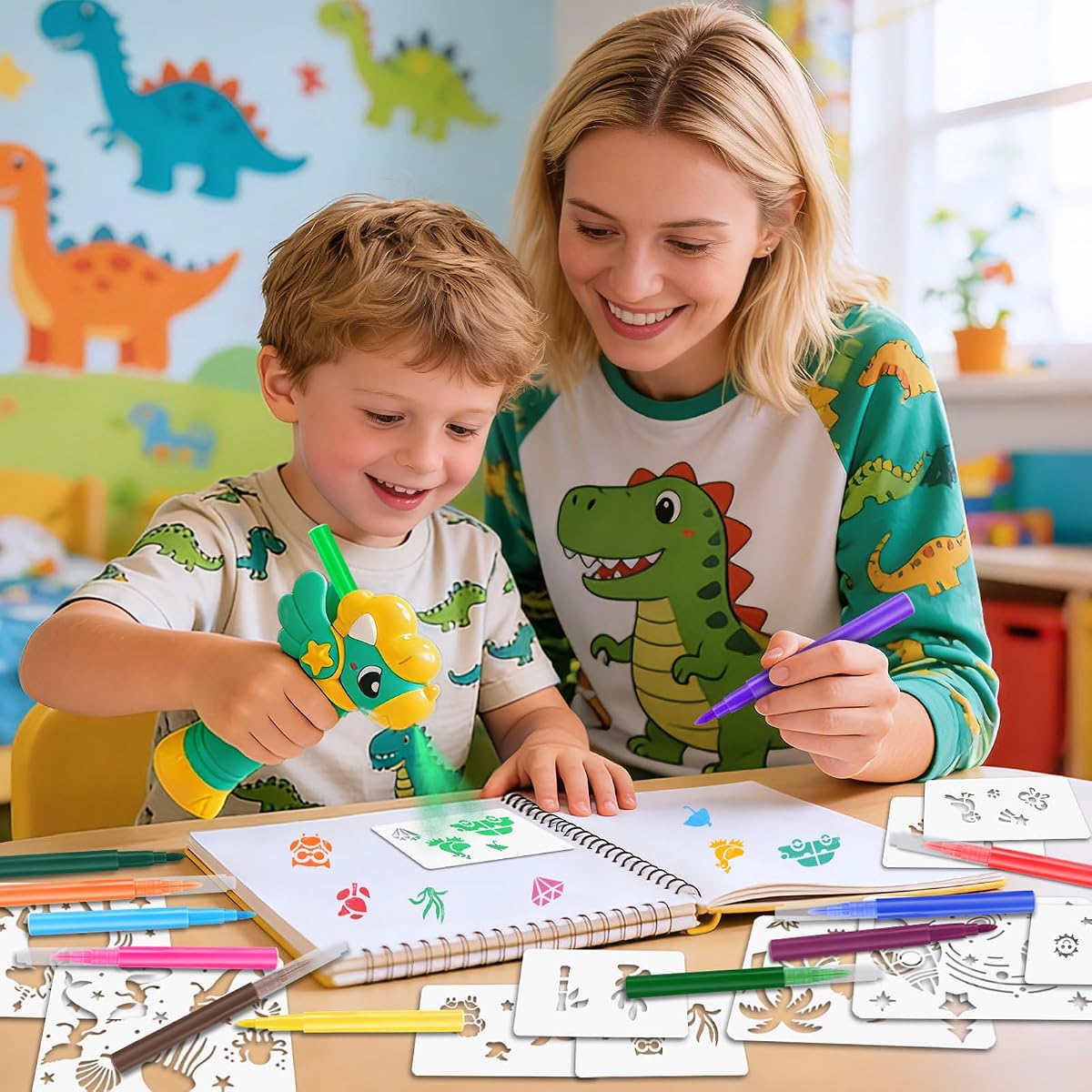 Dinosaur-shaped marker airbrush sprayer with washable markers and stencil cards — view 2