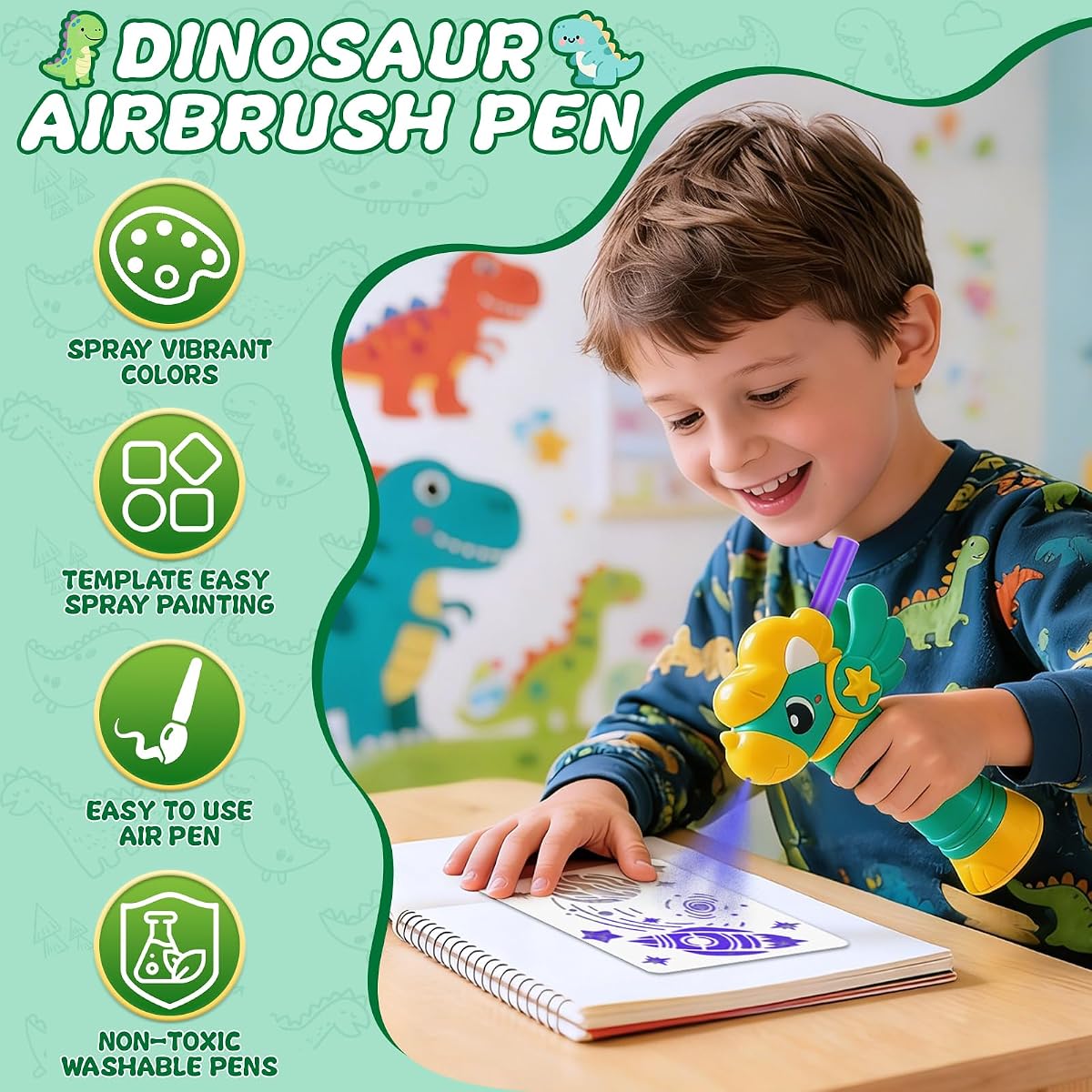 Dinosaur-shaped marker airbrush sprayer with washable markers and stencil cards — view 3