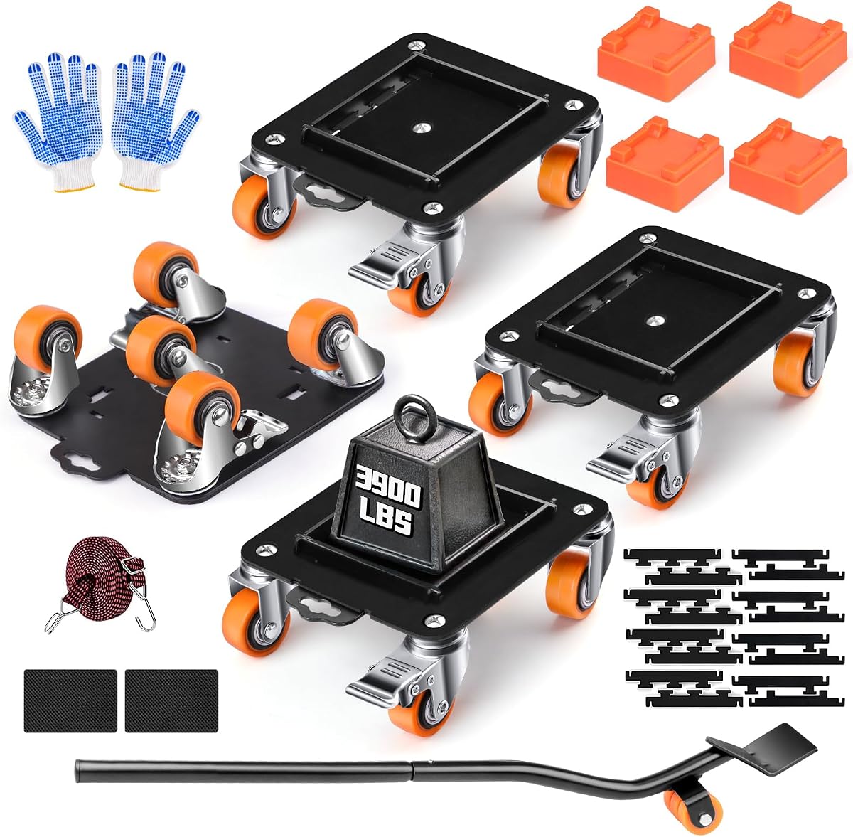 Set of four heavy duty furniture dollies with five swivel wheels, lever and strap
