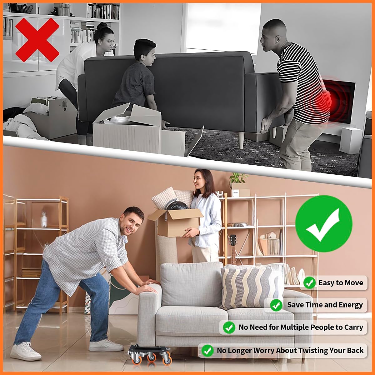 Set of four heavy duty furniture dollies with five swivel wheels, lever and strap — view 3