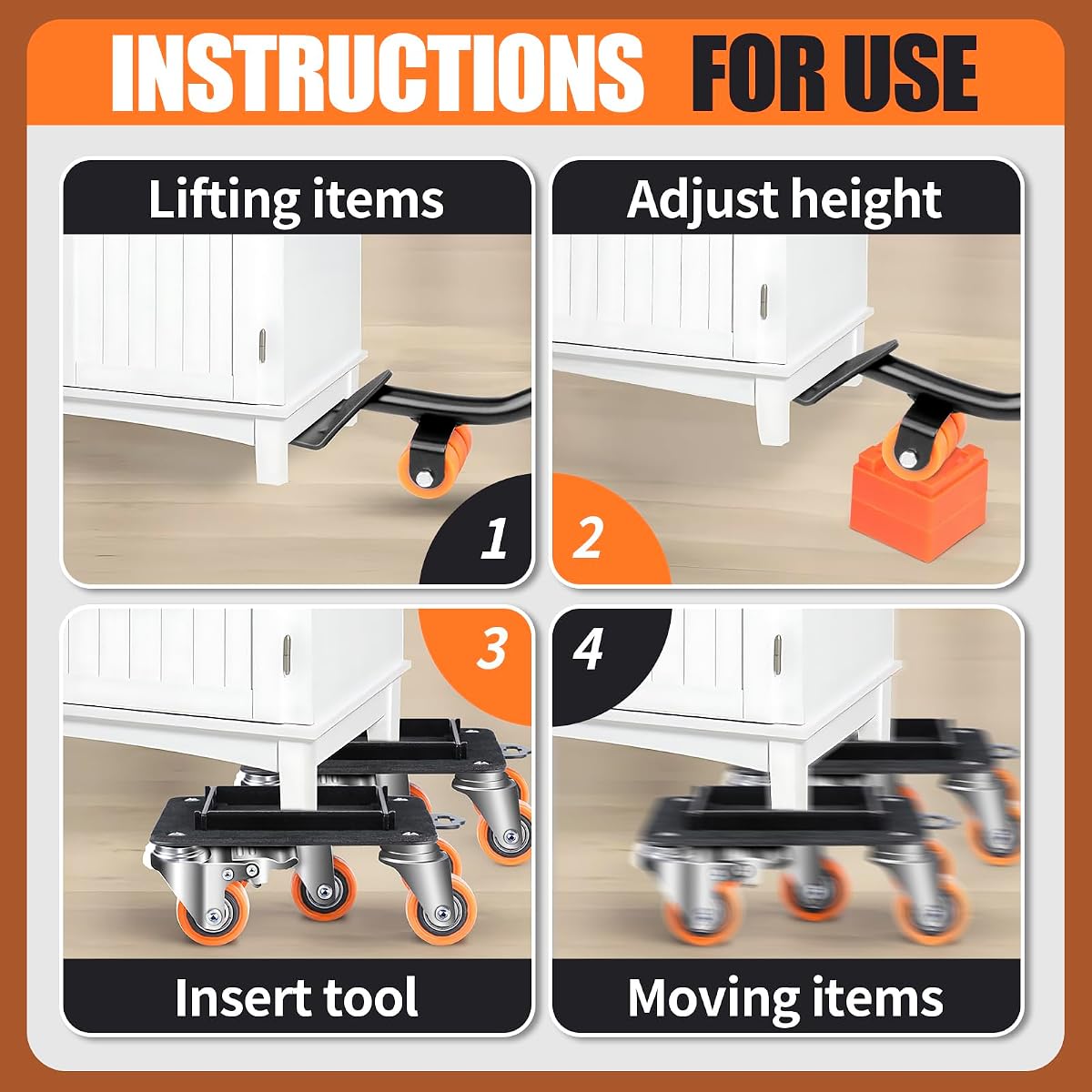 Set of four heavy duty furniture dollies with five swivel wheels, lever and strap — view 4