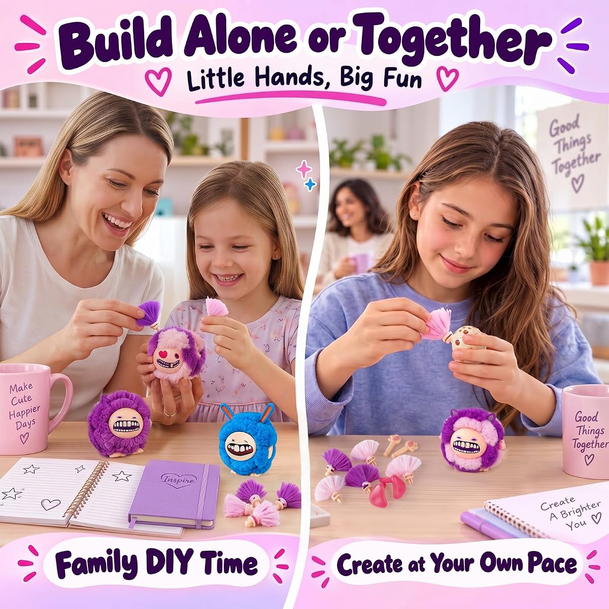 Plush charm craft kit with three plush bodies and interchangeable monster faces — view 3