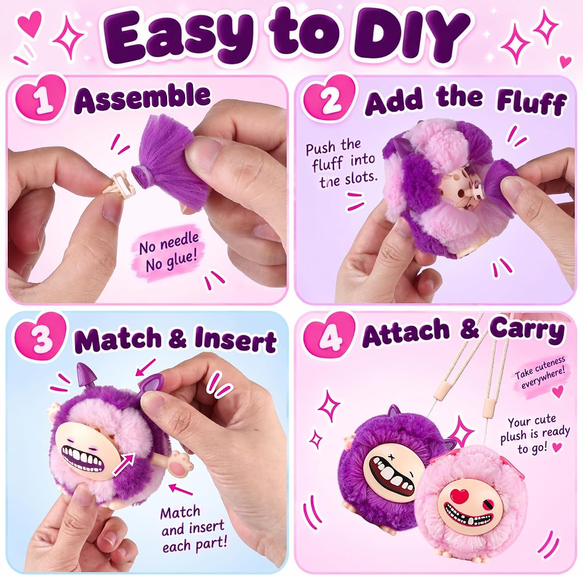 Plush charm craft kit with three plush bodies and interchangeable monster faces — view 4