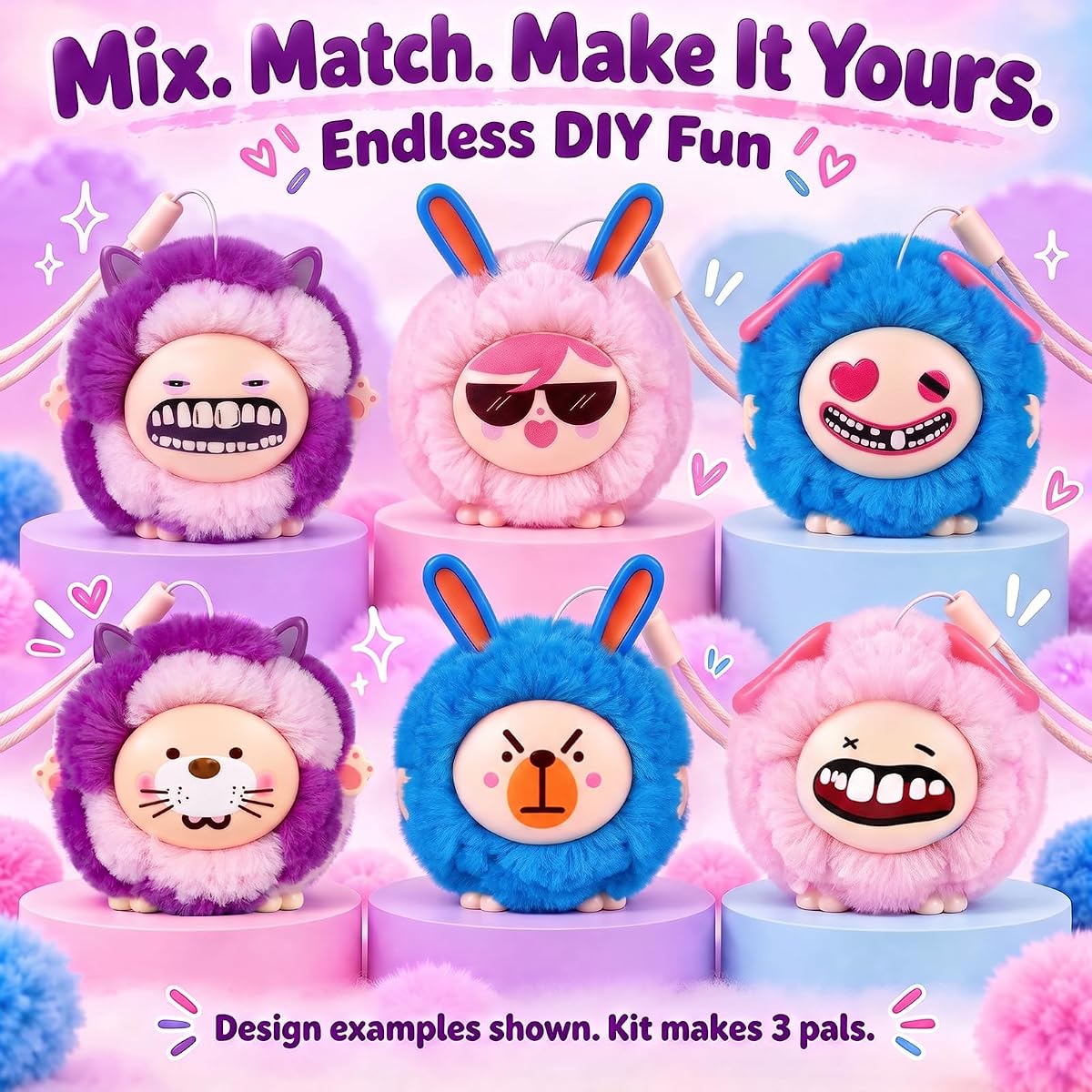 Plush charm craft kit with three plush bodies and interchangeable monster faces — view 6