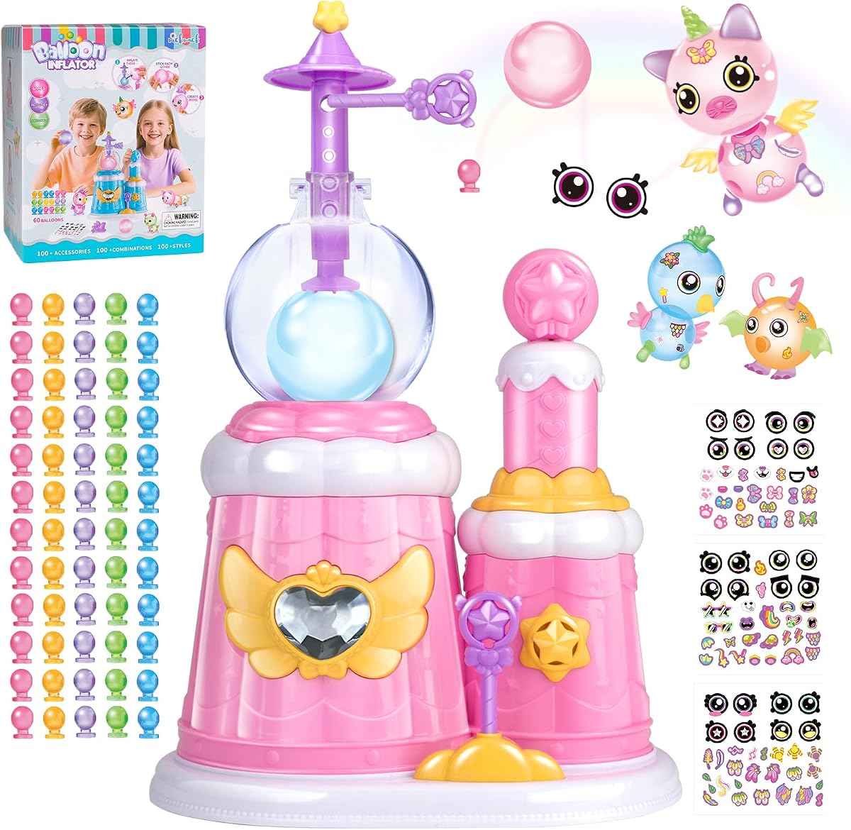 Princess castle sticky balloon kit in pink with pump, eyes, wings and stickers