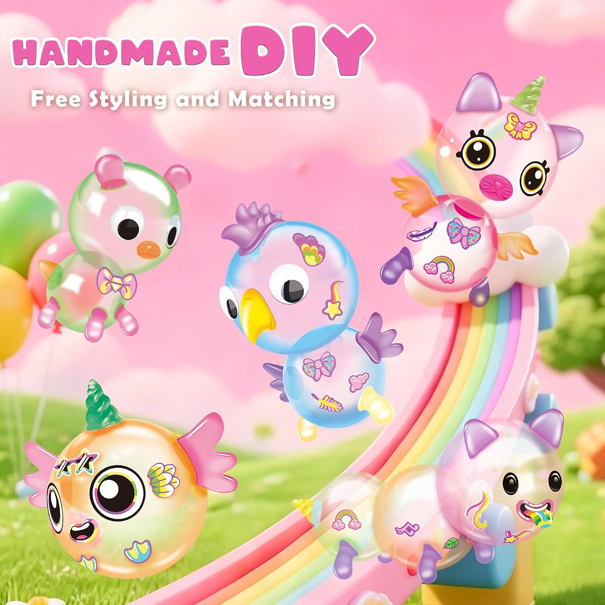 Princess castle sticky balloon kit in pink with pump, eyes, wings and stickers — view 2