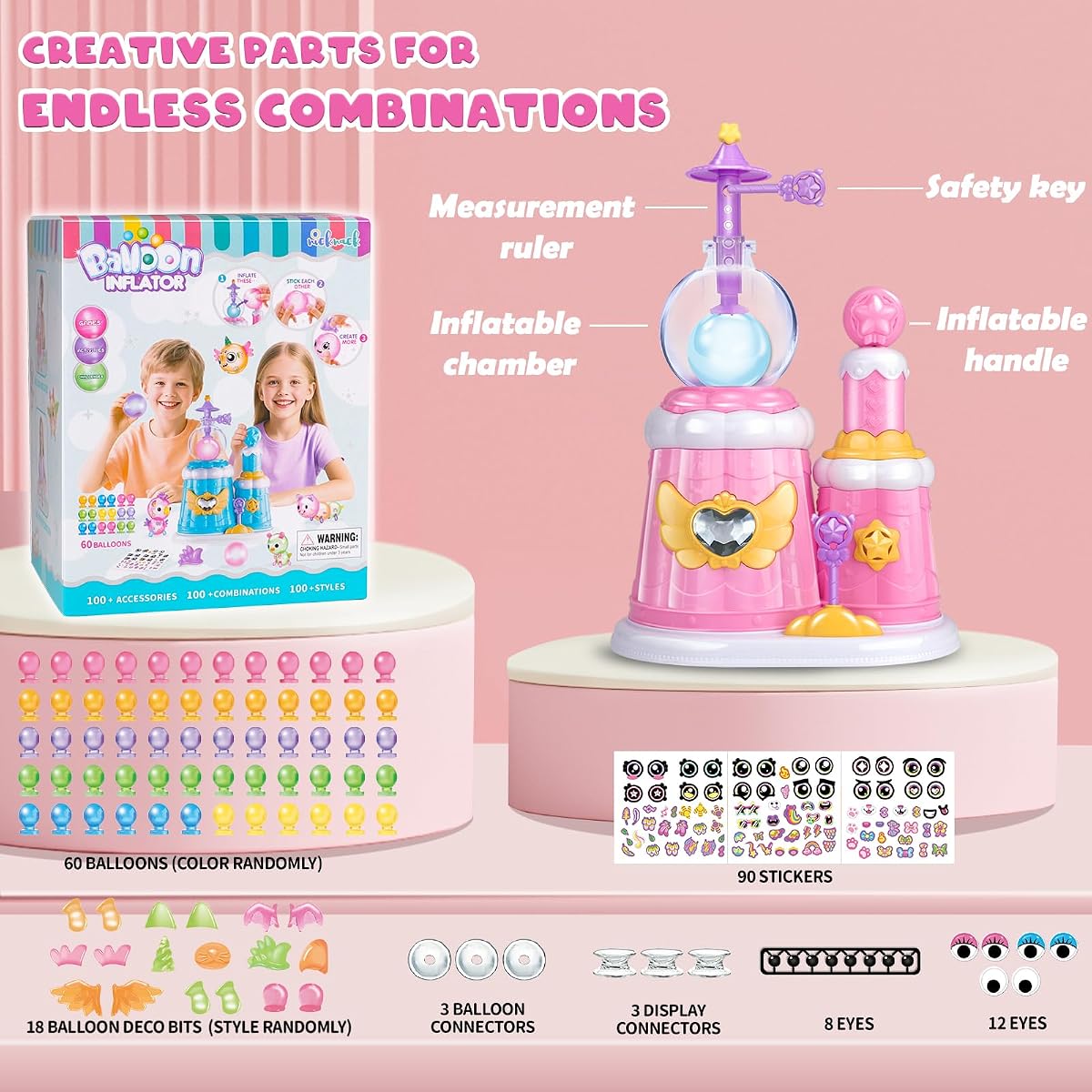 Princess castle sticky balloon kit in pink with pump, eyes, wings and stickers — view 4