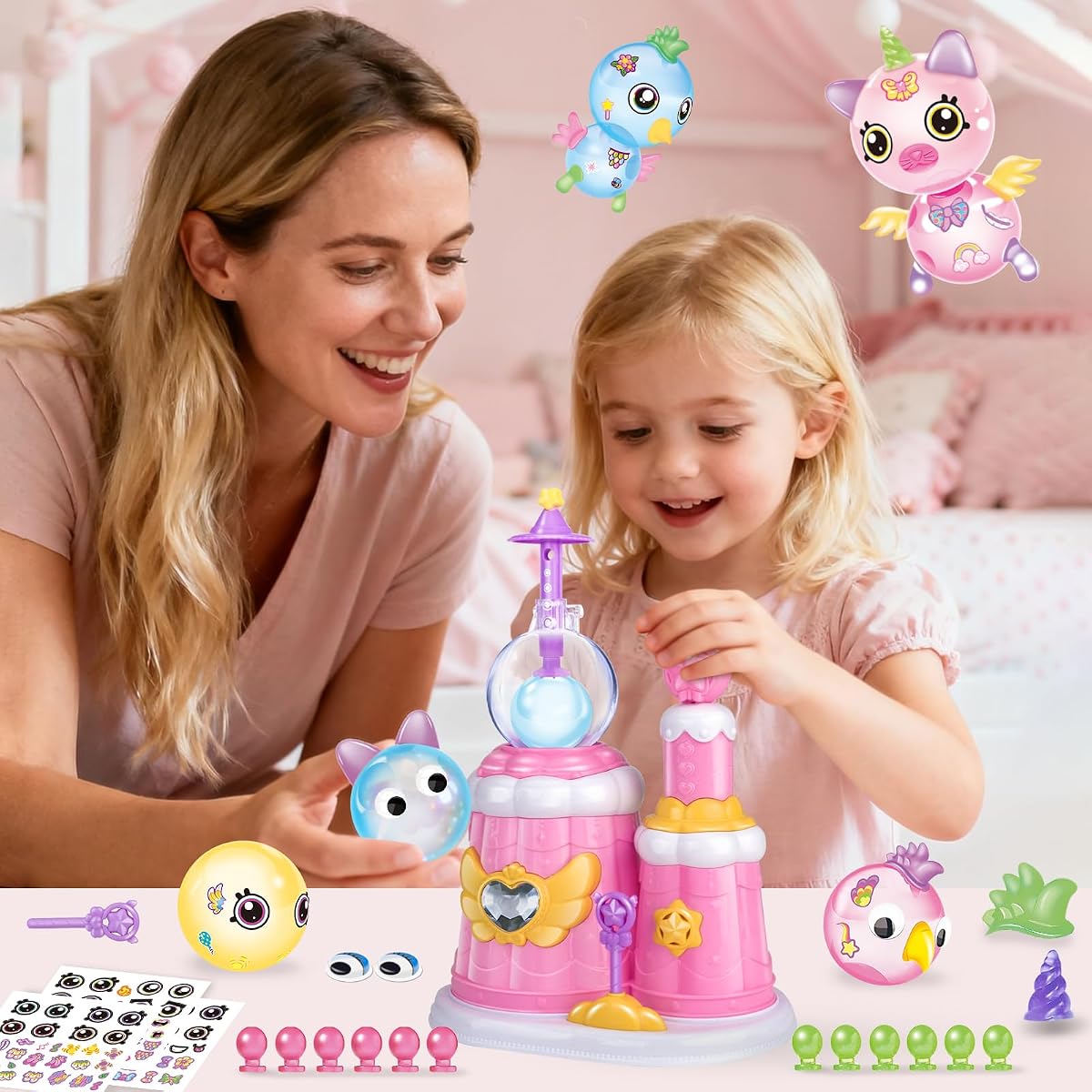 Princess castle sticky balloon kit in pink with pump, eyes, wings and stickers — view 5