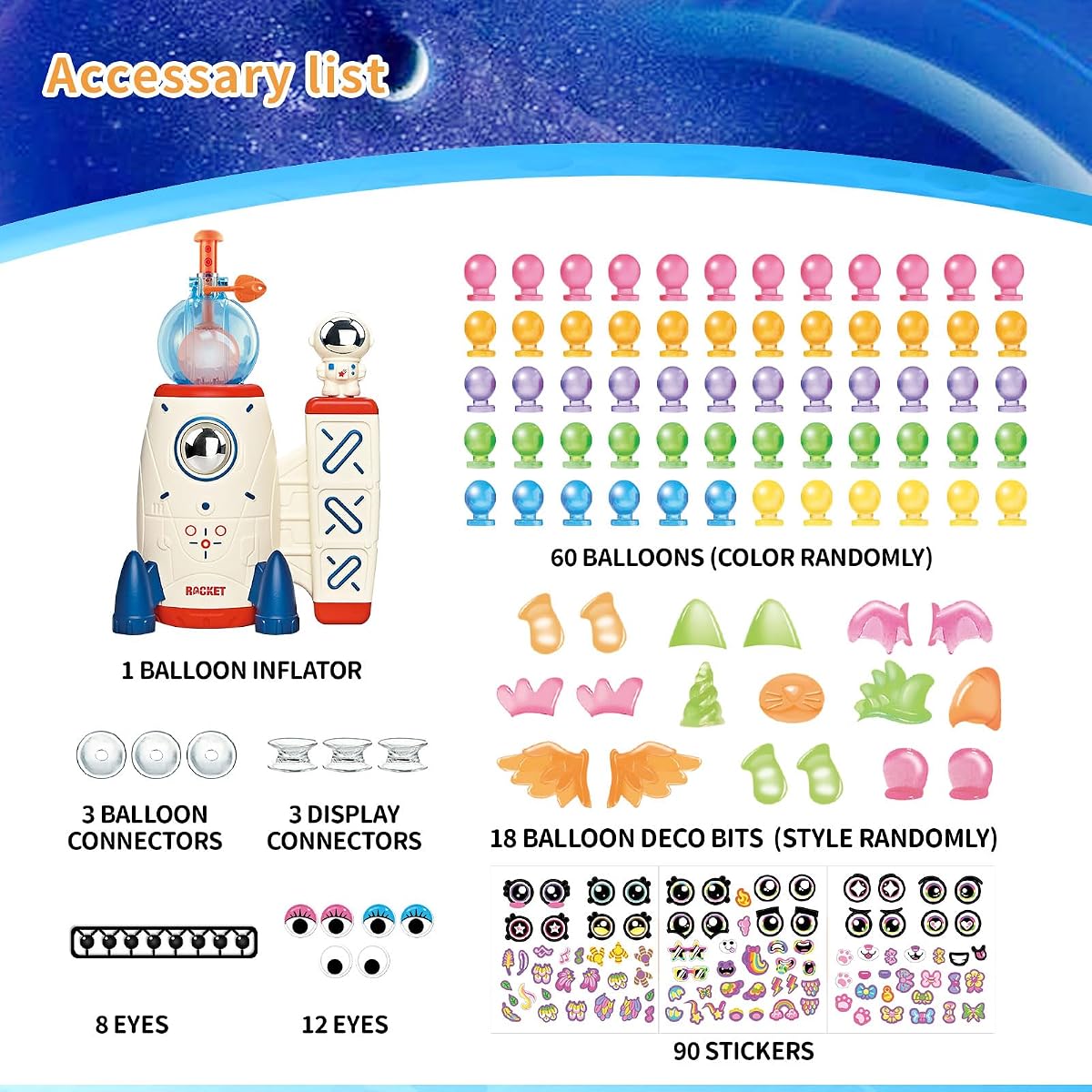 Space rocket sticky balloon kit with pump, wings, eyes and sticker sheets — view 6