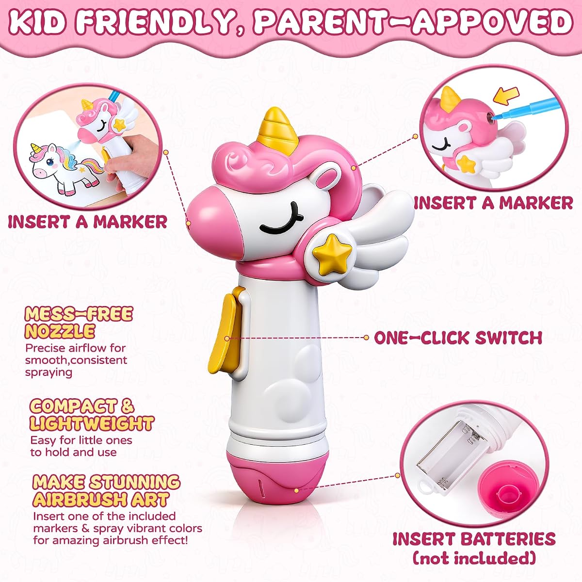 Unicorn-shaped marker airbrush sprayer with washable markers and stencil cards — view 5